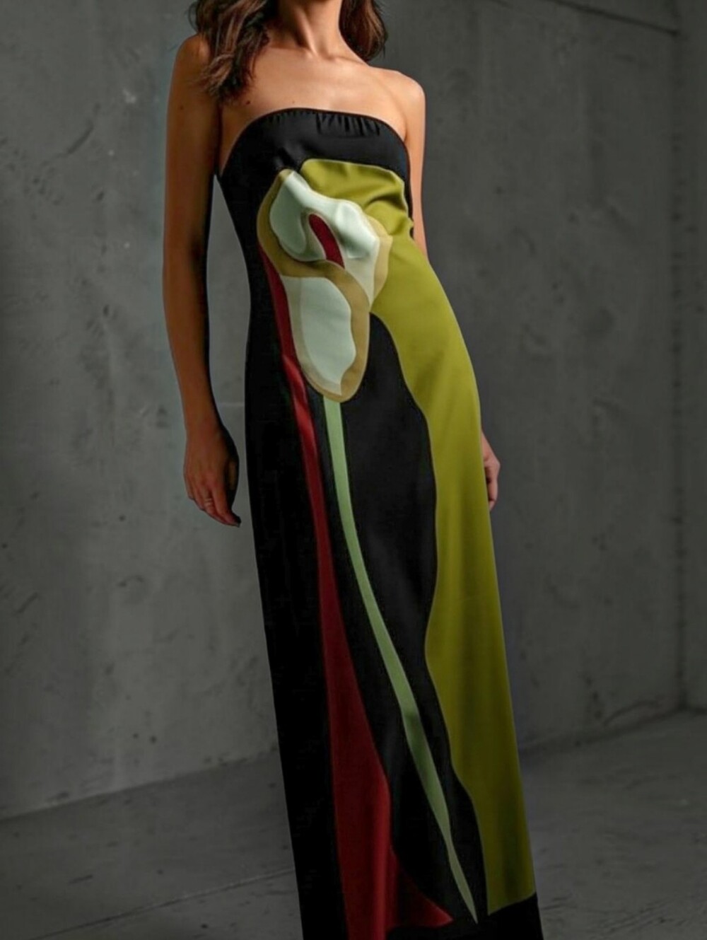 🫒 OLIVE/ ONYX/ & CREAM Tulip Print Strapless Split Maxi Slip Dress